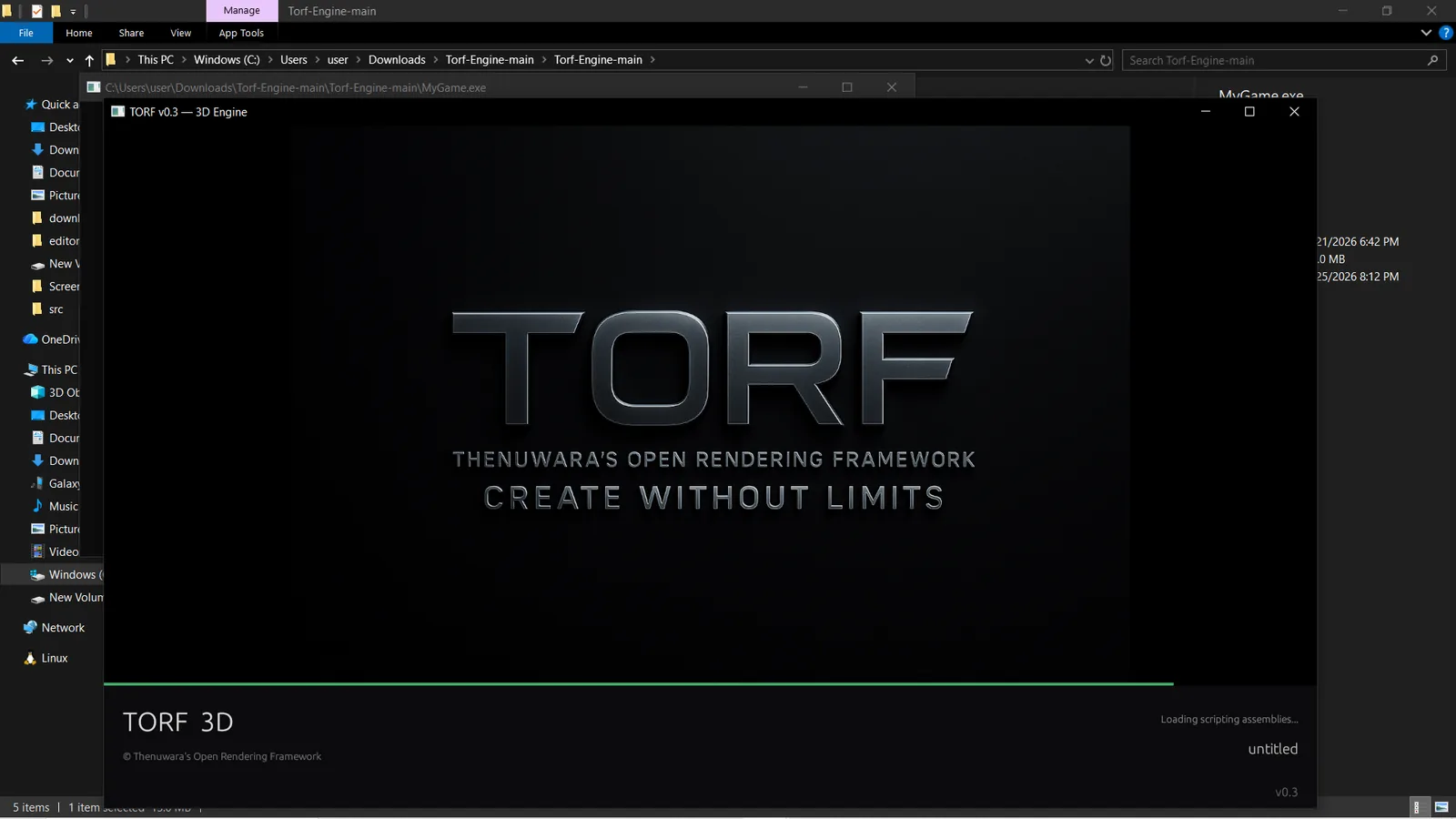 TORF 3D loading screen showing the framework branding.